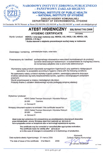 HEKO - atesty higieniczne