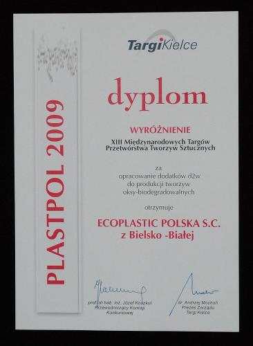 Dyplom targów Plastpol dla firmy Ecoplastic Polska