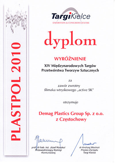 Dyplom targów Plastpol 2010 dla firmy Demag