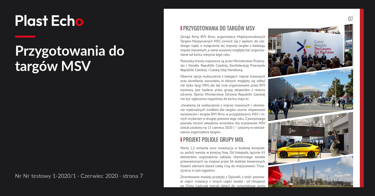 Przygotowania do targów MSV | Plast Echo Nr testowy 1-2020/1, Czerwiec 2020, s. 7