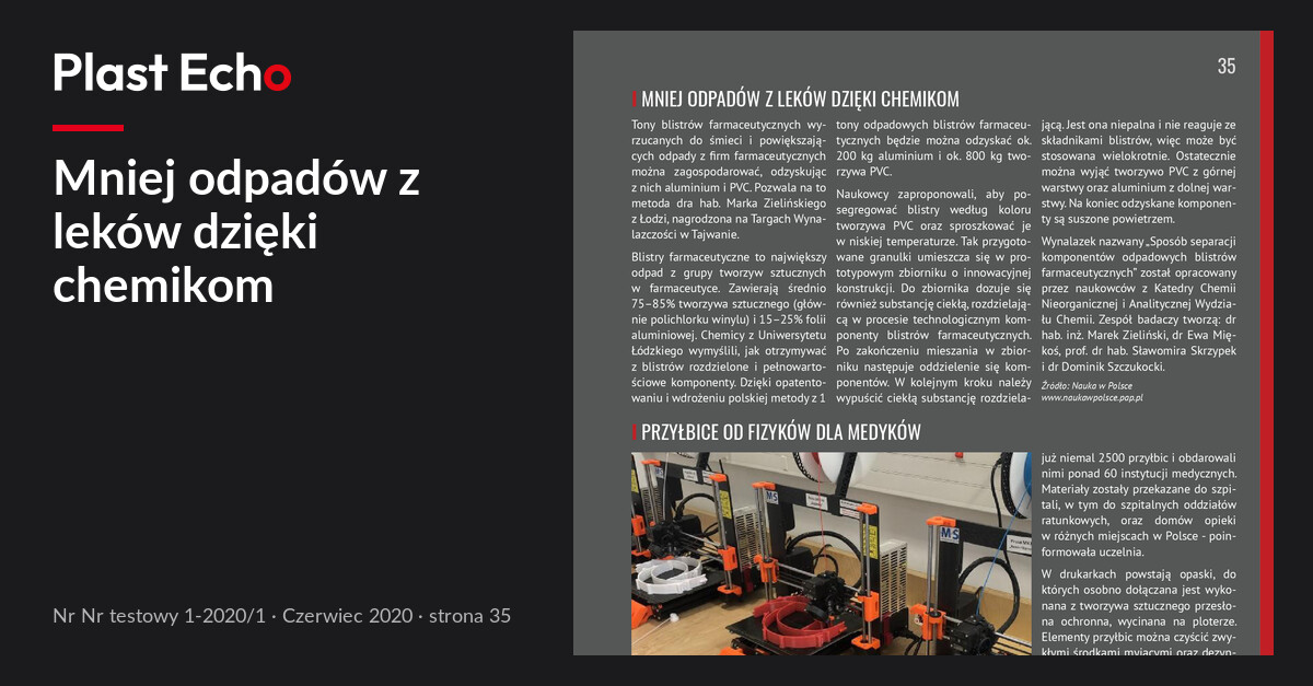 Mniej odpadów z leków dzięki chemikom | Plast Echo Nr testowy 1-2020/1, Czerwiec 2020, s. 35