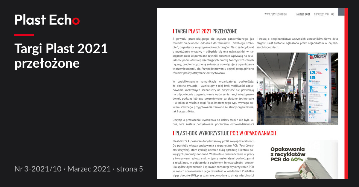 Targi Plast 2021 przełożone | Plast Echo 3-2021/10, Marzec 2021, s. 5
