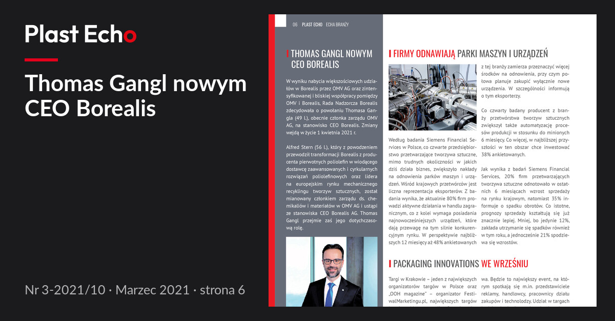 Thomas Gangl nowym CEO Borealis | Plast Echo 3-2021/10, Marzec 2021, s. 6