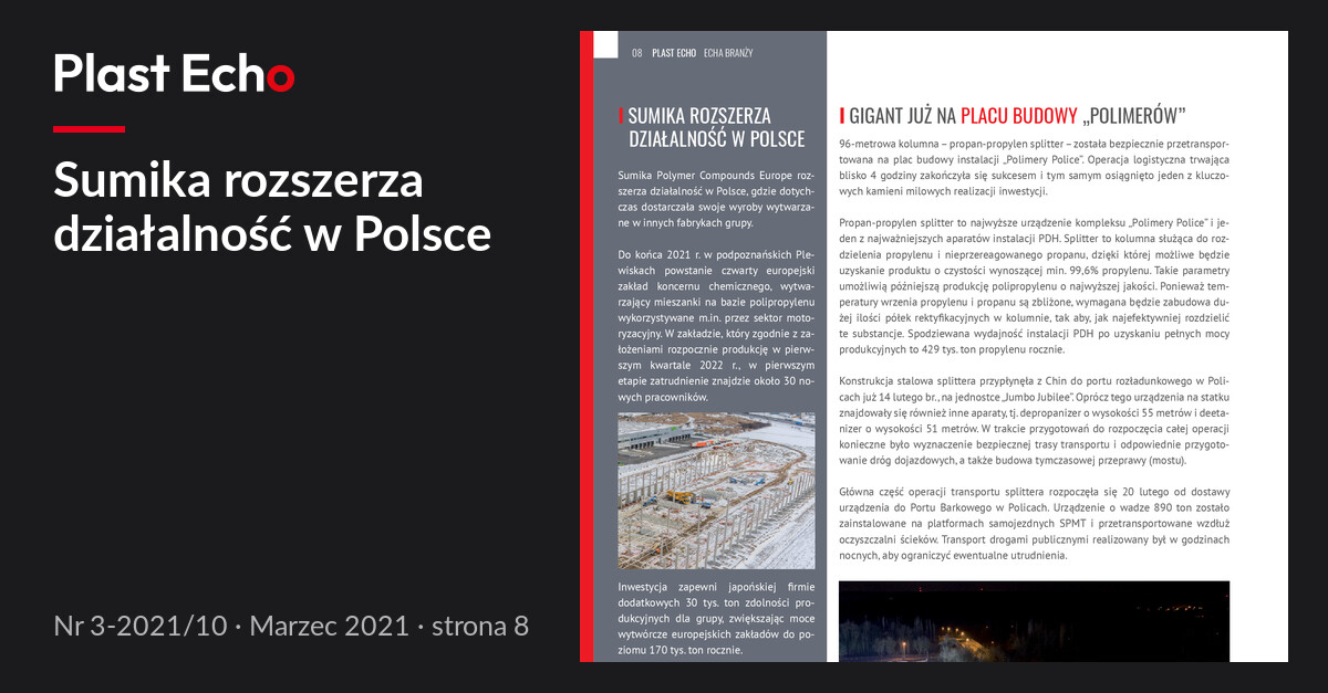 Sumika rozszerza działalność w Polsce | Plast Echo 3-2021/10, Marzec 2021, s. 8