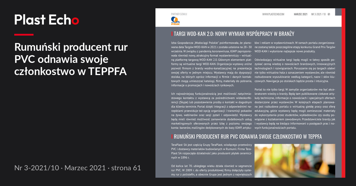 Rumuński producent rur PVC odnawia swoje członkostwo w TEPPFA | Plast Echo 3-2021/10, Marzec 2021, s. 61