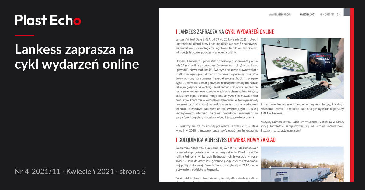 Lankess zaprasza na cykl wydarzeń online | Plast Echo 4-2021/11, Kwiecień 2021, s. 5