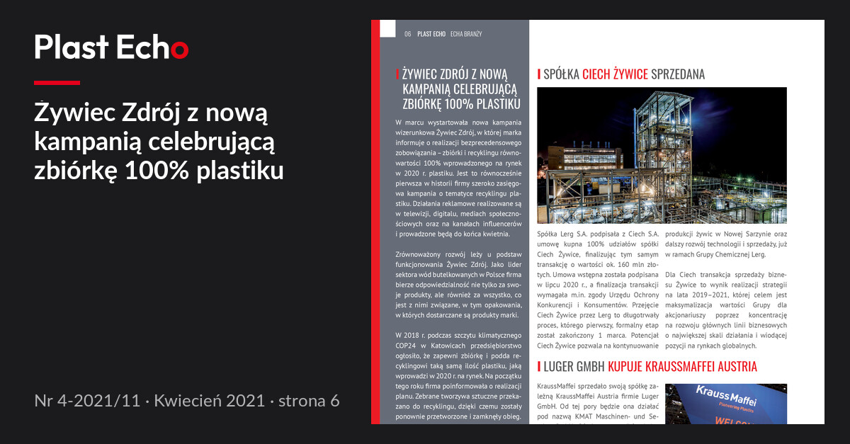 Żywiec Zdrój z nową kampanią celebrującą zbiórkę 100% plastiku | Plast Echo 4-2021/11, Kwiecień 2021, s. 6