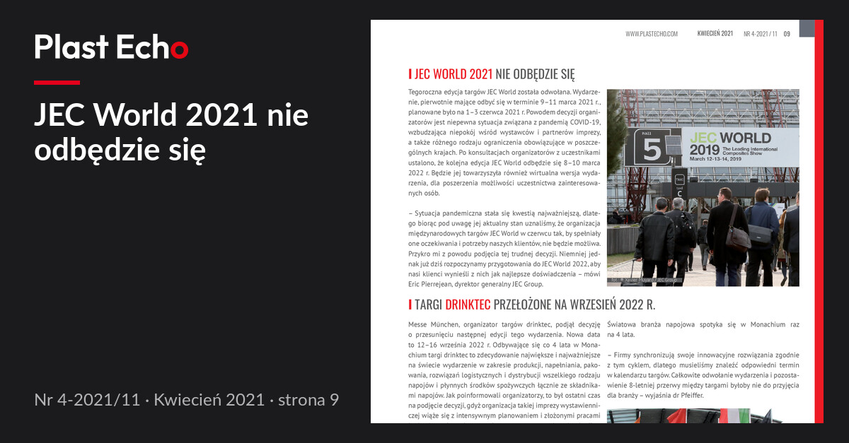 JEC World 2021 nie odbędzie się | Plast Echo 4-2021/11, Kwiecień 2021, s. 9