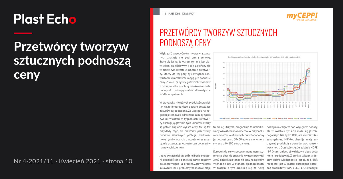 Przetwórcy tworzyw sztucznych podnoszą ceny | Plast Echo 4-2021/11, Kwiecień 2021, s. 10