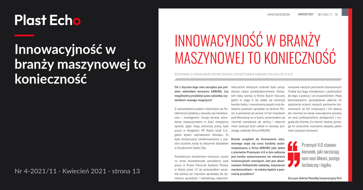 Innowacyjność w branży maszynowej to konieczność | Plast Echo 4-2021/11, Kwiecień 2021, s. 13