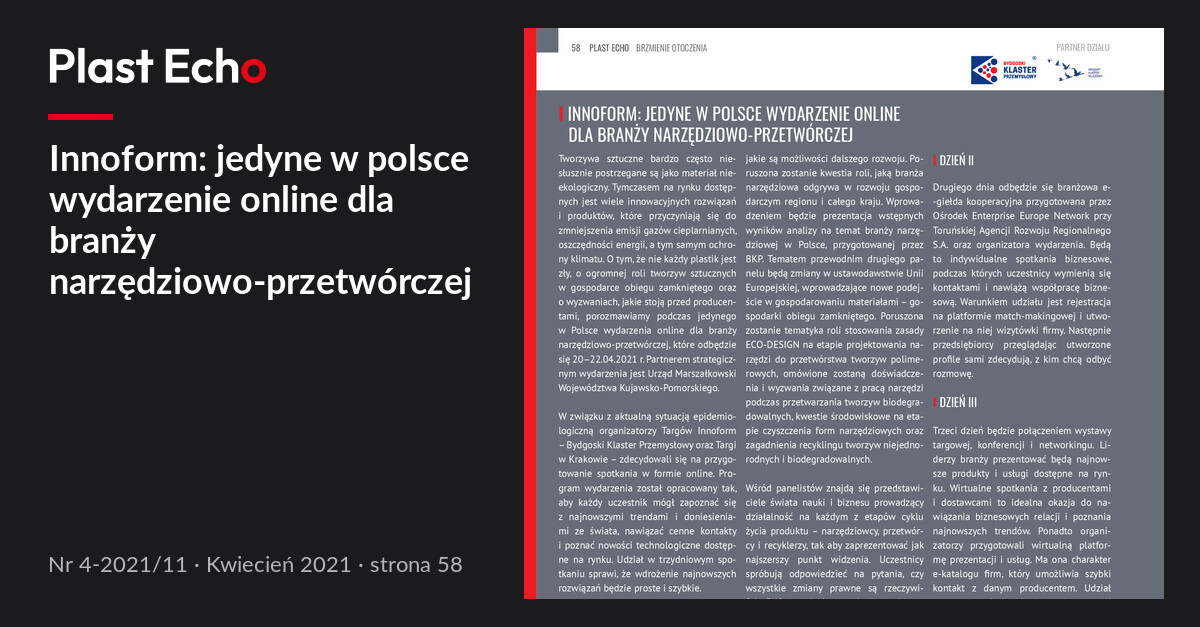 Innoform: jedyne w polsce wydarzenie online dla branży narzędziowo-przetwórczej | Plast Echo 4-2021/11, Kwiecień 2021, s. 58