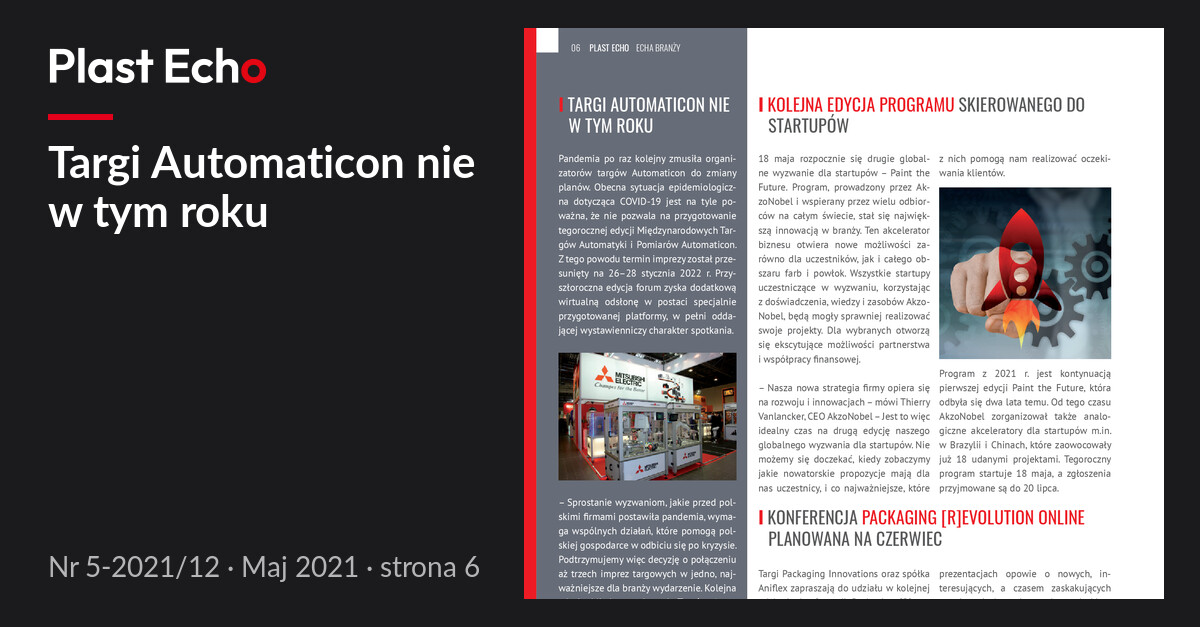 Targi Automaticon nie w tym roku | Plast Echo 5-2021/12, Maj 2021, s. 6