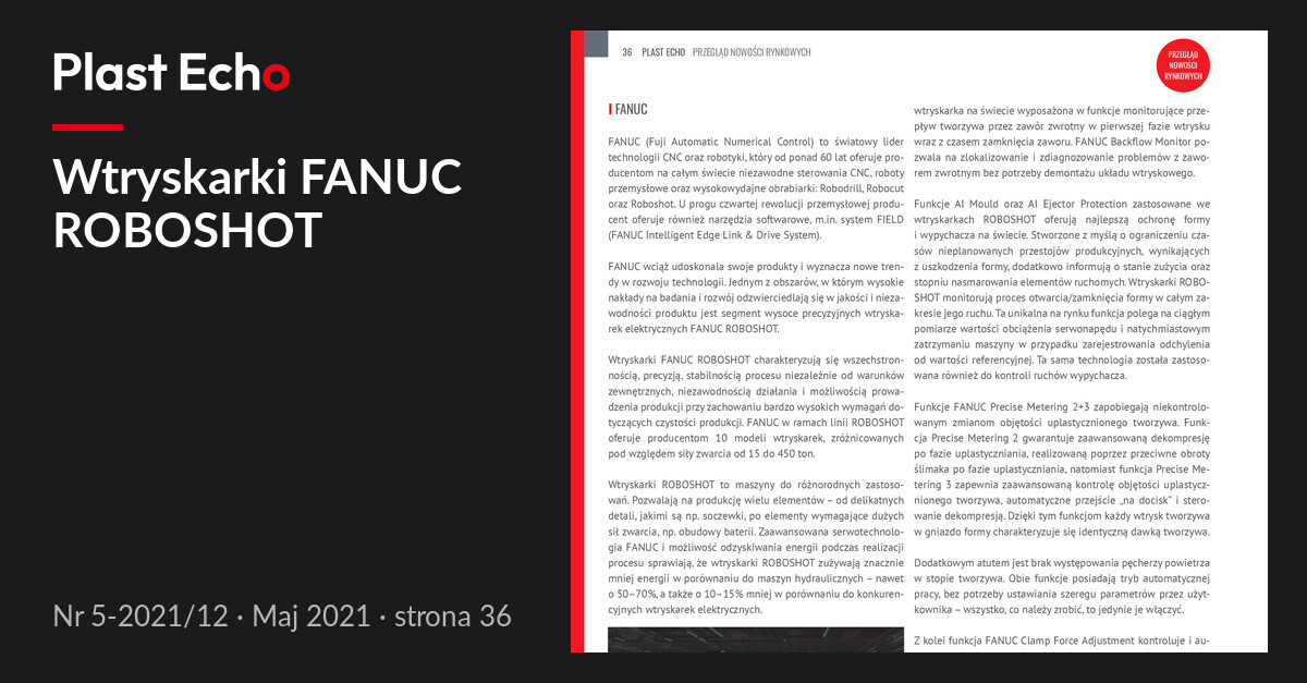 Wtryskarki FANUC ROBOSHOT | Plast Echo 5-2021/12, Maj 2021, s. 36