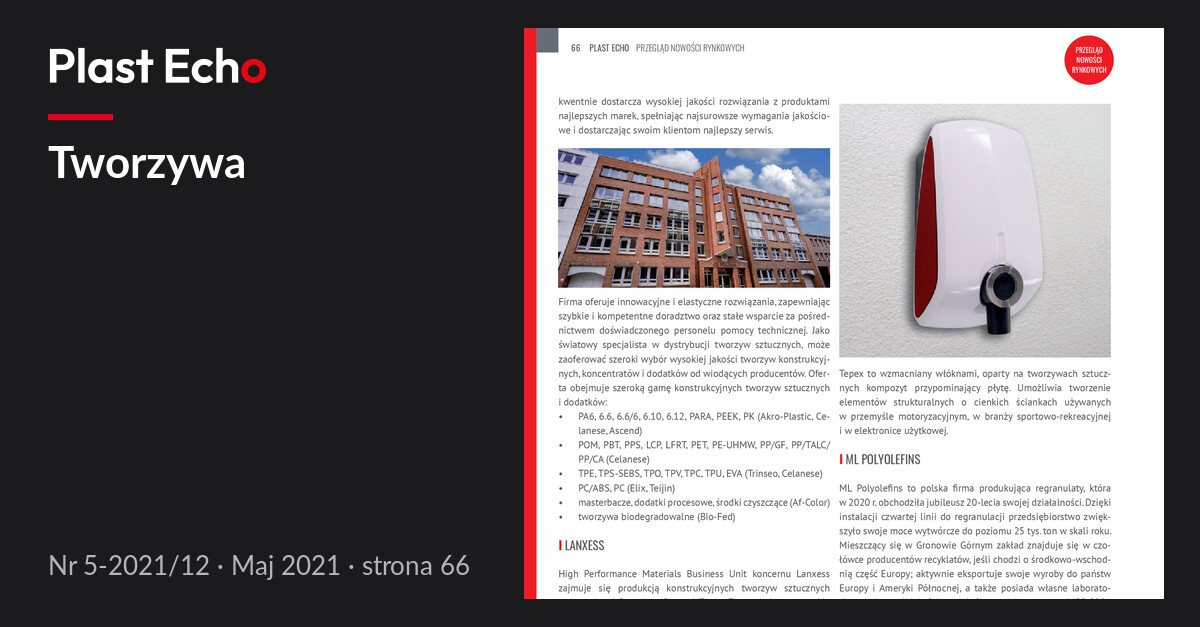 Tworzywa | Plast Echo 5-2021/12, Maj 2021, s. 66