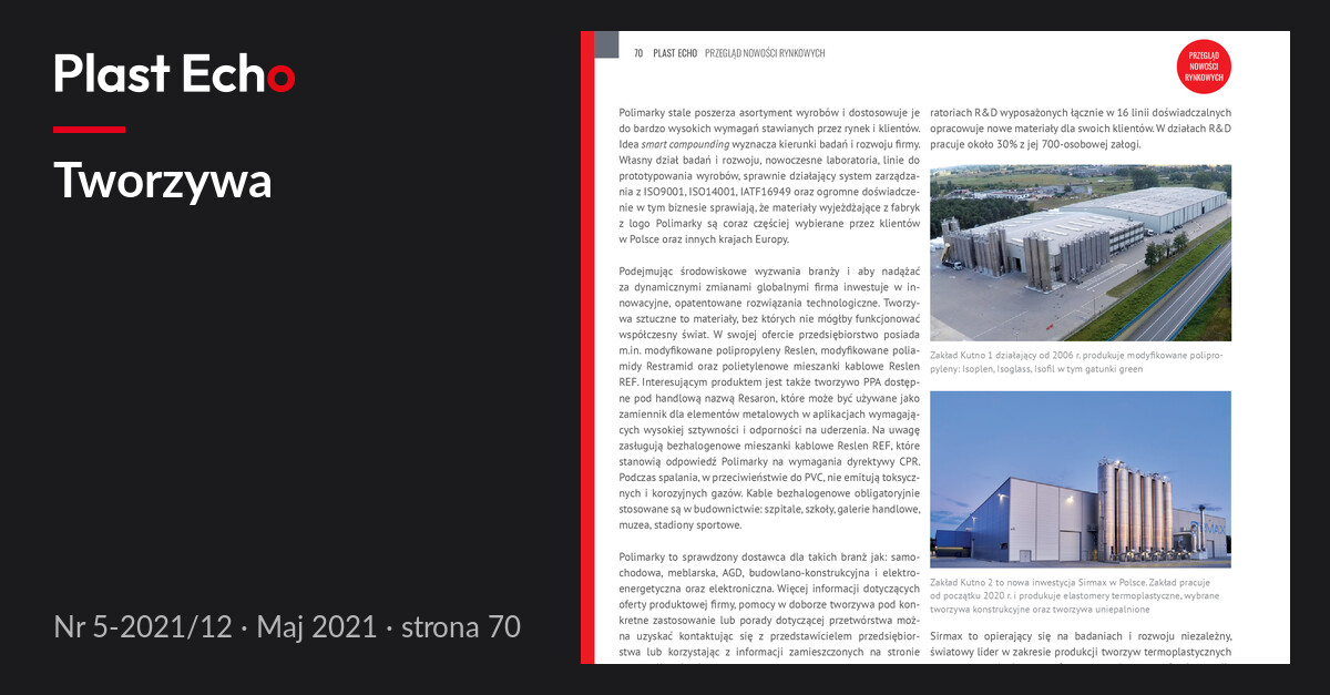 Tworzywa | Plast Echo 5-2021/12, Maj 2021, s. 70