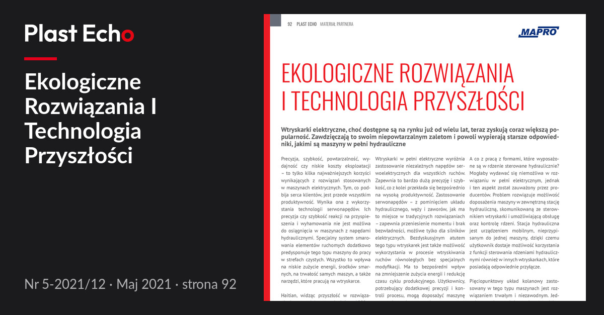 Ekologiczne Rozwiązania I Technologia Przyszłości | Plast Echo 5-2021/12, Maj 2021, s. 92
