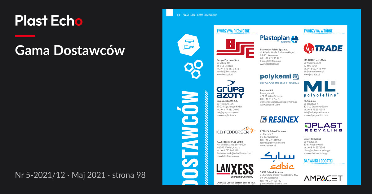 Gama Dostawców | Plast Echo 5-2021/12, Maj 2021, s. 98