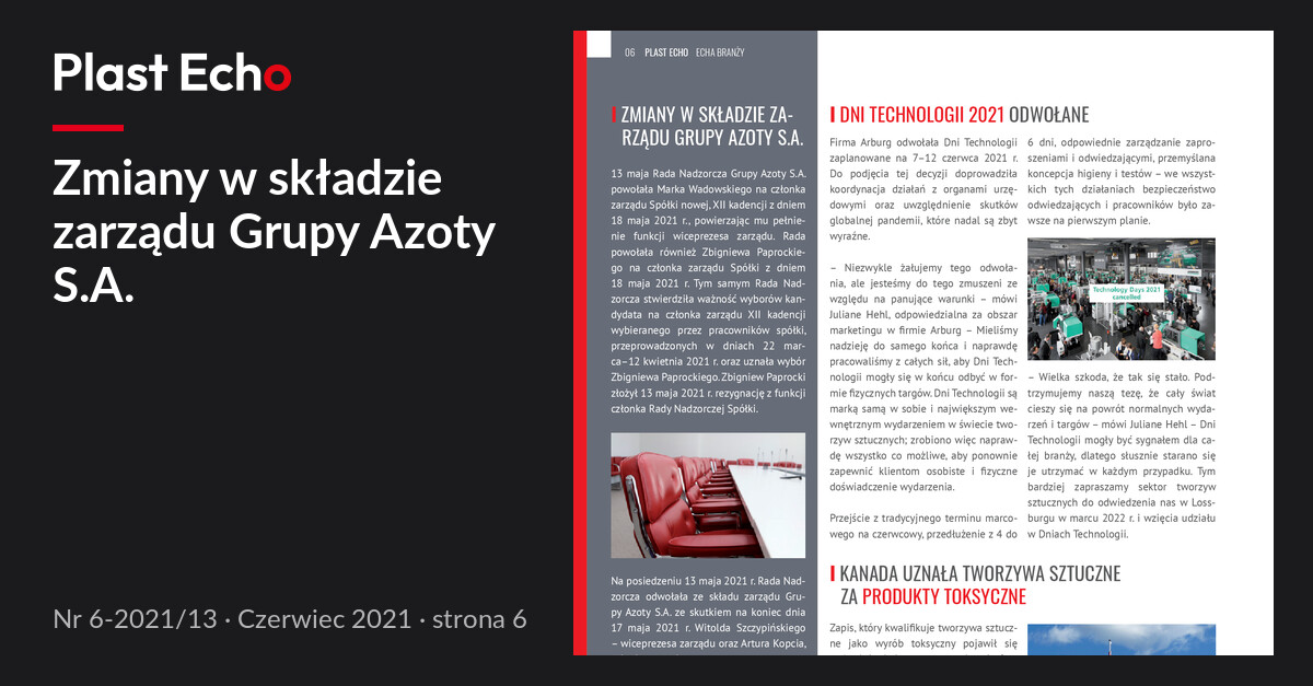 Zmiany w składzie zarządu Grupy Azoty S.A. | Plast Echo 6-2021/13, Czerwiec 2021, s. 6