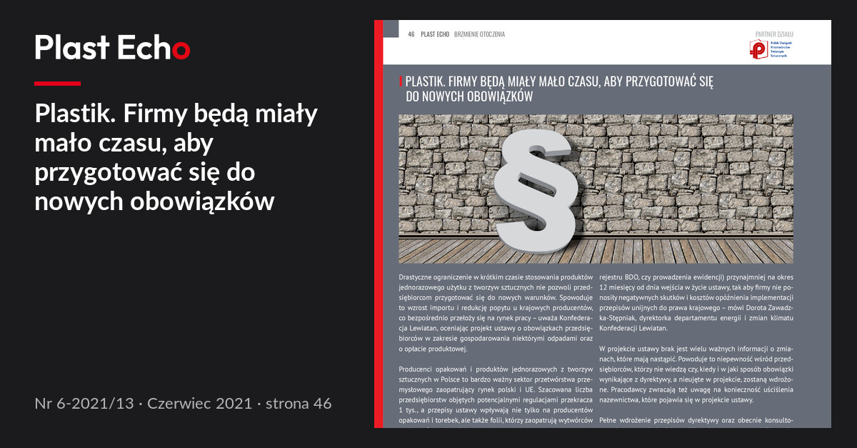 Plastik. Firmy będą miały mało czasu, aby przygotować się do nowych obowiązków | Plast Echo 6-2021/13, Czerwiec 2021, s. 46
