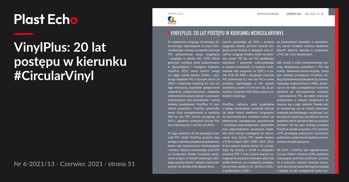 VinylPlus: 20 lat postępu w kierunku #CircularVinyl | Plast Echo 6-2021/13, Czerwiec 2021, s. 51