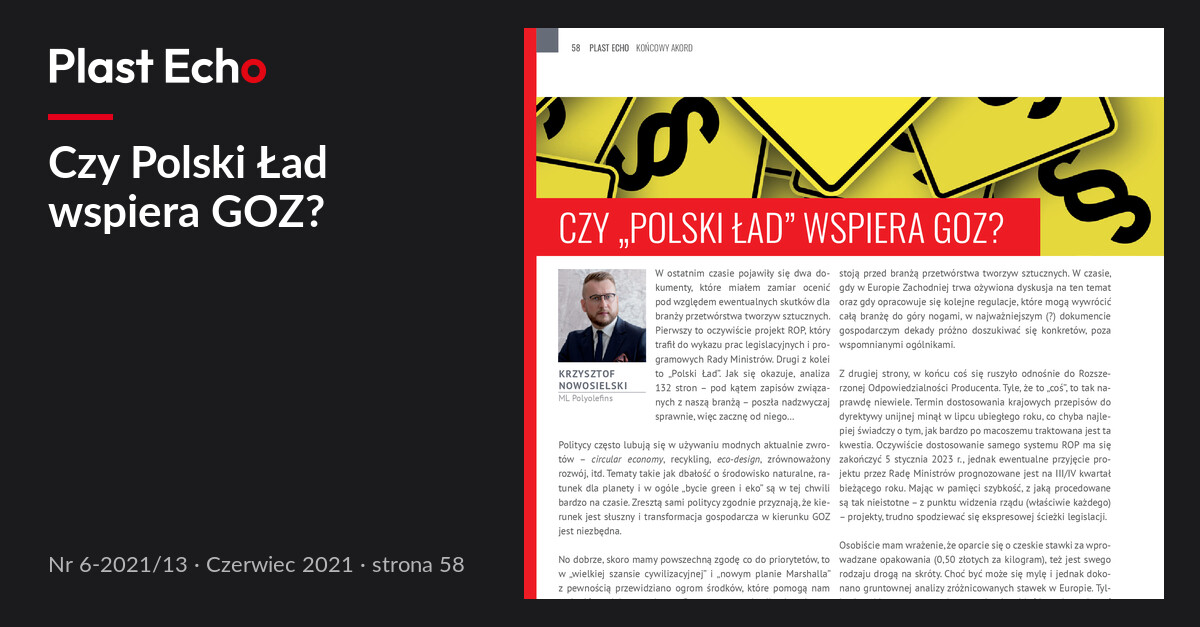 Czy Polski Ład wspiera GOZ? | Plast Echo 6-2021/13, Czerwiec 2021, s. 58
