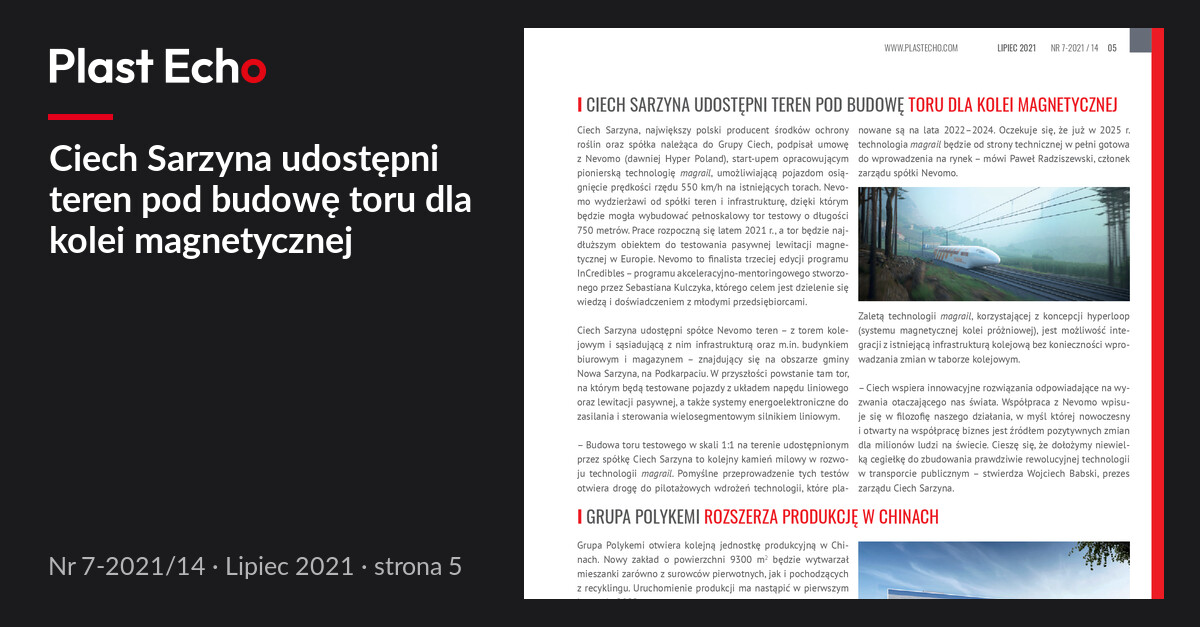 Ciech Sarzyna udostępni teren pod budowę toru dla kolei magnetycznej | Plast Echo 7-2021/14, Lipiec 2021, s. 5
