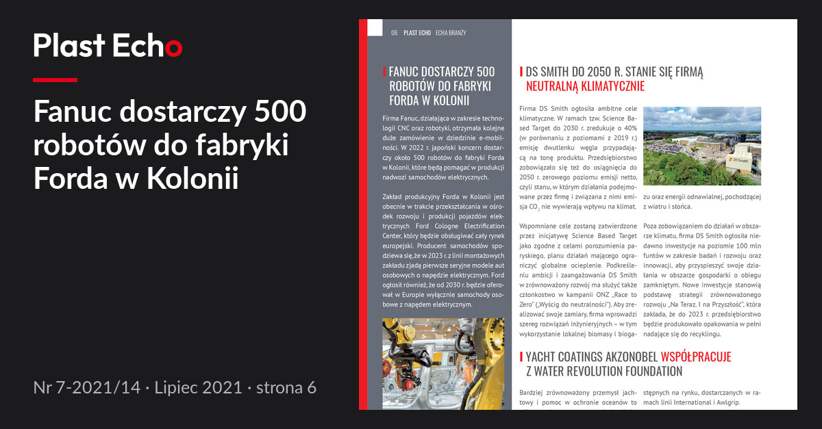 Fanuc dostarczy 500 robotów do fabryki Forda w Kolonii | Plast Echo 7-2021/14, Lipiec 2021, s. 6