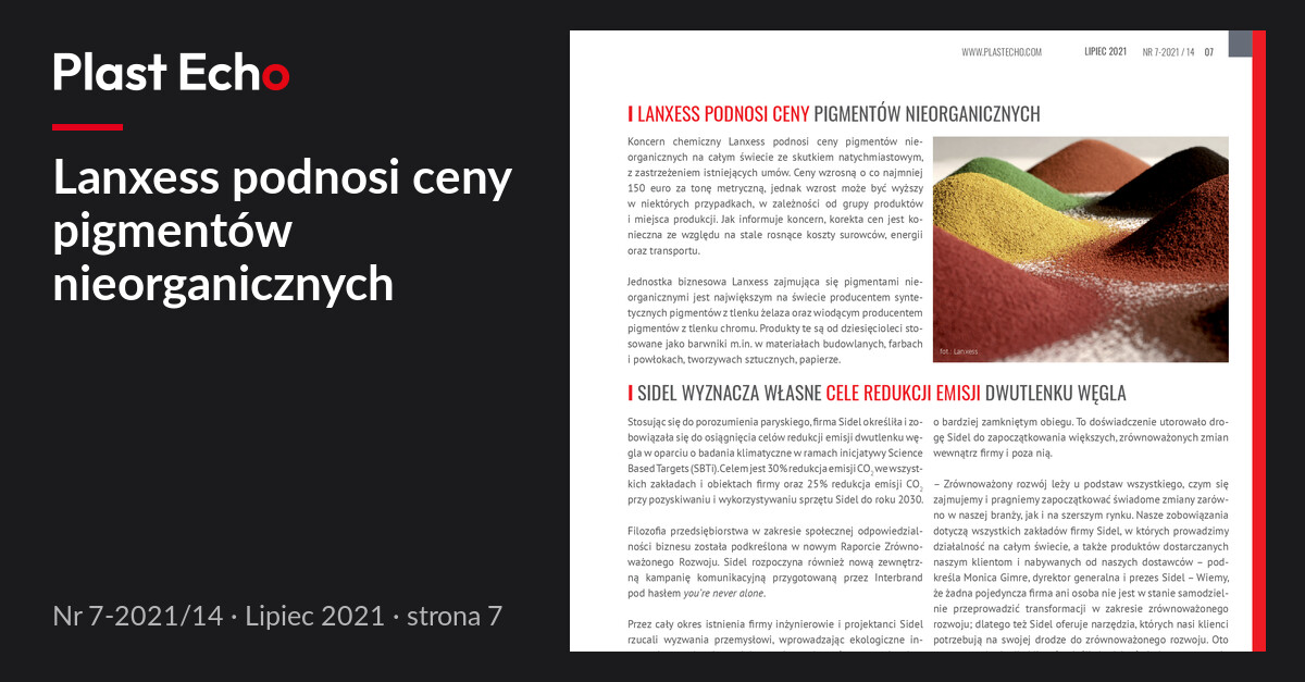 Lanxess podnosi ceny pigmentów nieorganicznych | Plast Echo 7-2021/14, Lipiec 2021, s. 7