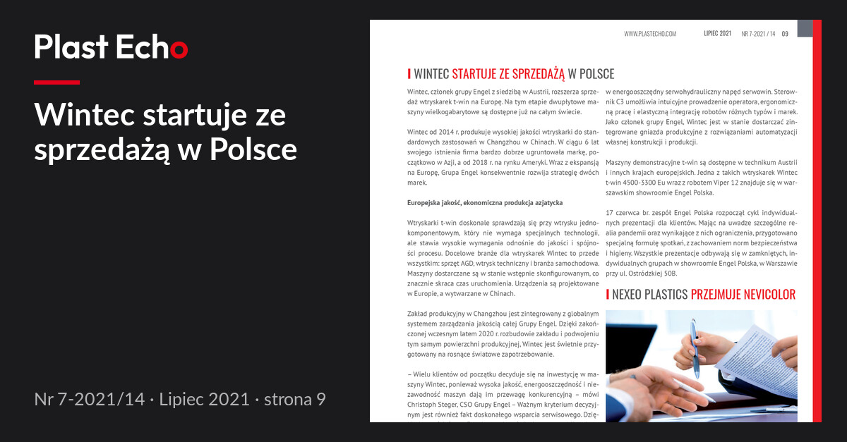 Wintec startuje ze sprzedażą w Polsce | Plast Echo 7-2021/14, Lipiec 2021, s. 9