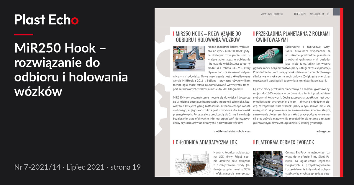 MiR250 Hook – rozwiązanie do odbioru i holowania wózków | Plast Echo 7-2021/14, Lipiec 2021, s. 19