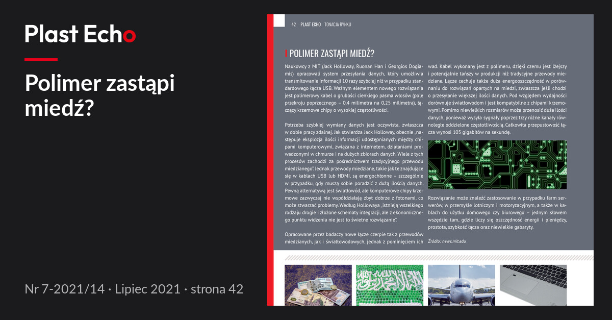 Polimer zastąpi miedź? | Plast Echo 7-2021/14, Lipiec 2021, s. 42