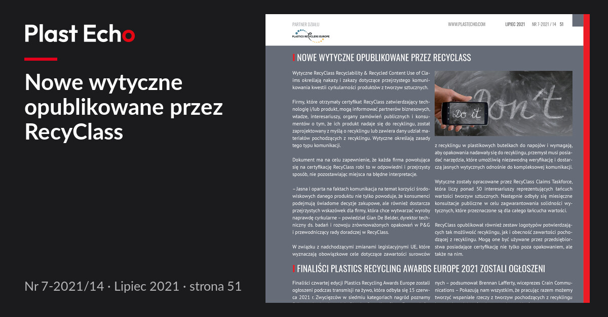 Nowe wytyczne opublikowane przez RecyClass | Plast Echo 7-2021/14, Lipiec 2021, s. 51
