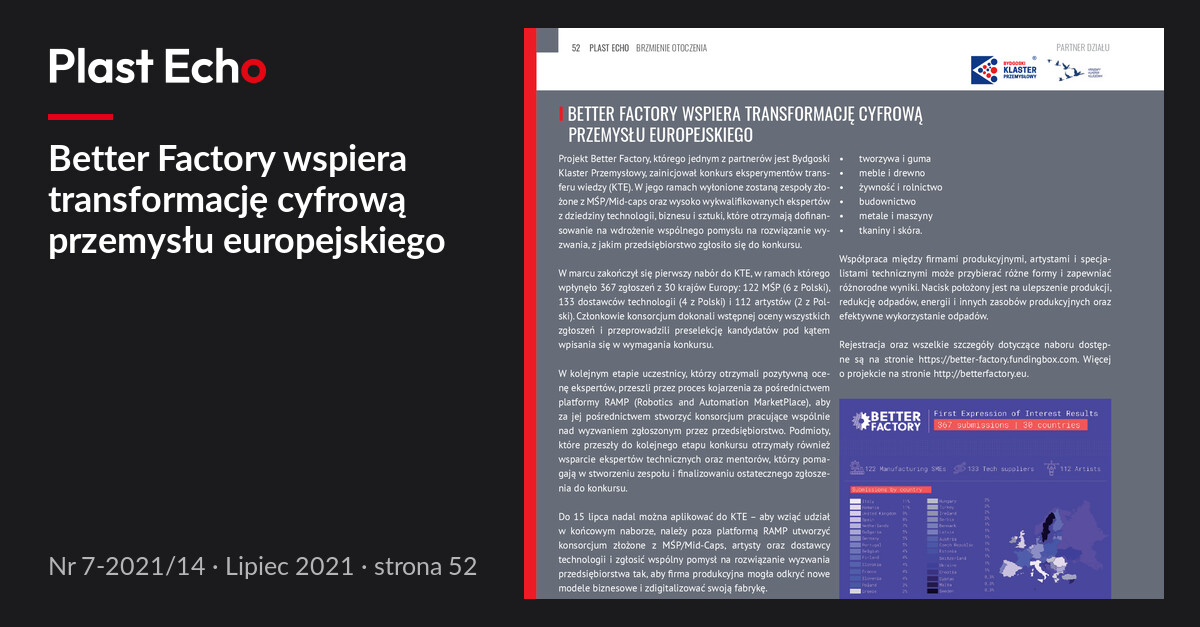 Better Factory wspiera transformację cyfrową przemysłu europejskiego | Plast Echo 7-2021/14, Lipiec 2021, s. 52