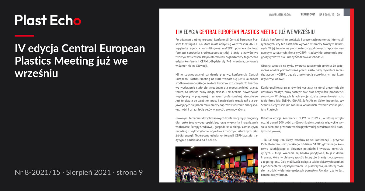 IV edycja Central European Plastics Meeting już we wrześniu | Plast Echo 8-2021/15, Sierpień 2021, s. 9