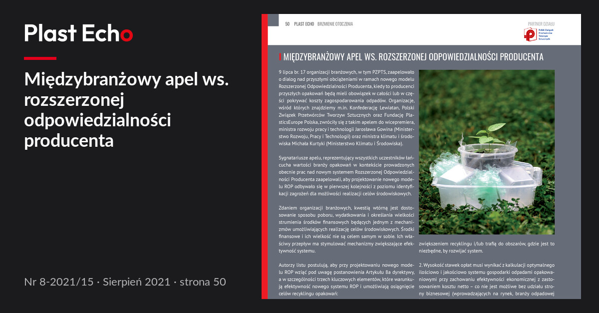 Międzybranżowy apel ws. rozszerzonej odpowiedzialności producenta | Plast Echo 8-2021/15, Sierpień 2021, s. 50