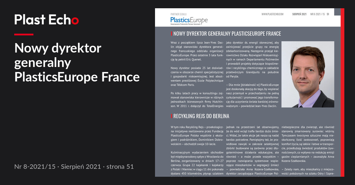 Nowy dyrektor generalny PlasticsEurope France | Plast Echo 8-2021/15, Sierpień 2021, s. 51