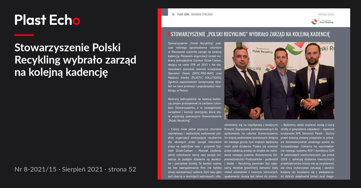 Stowarzyszenie Polski Recykling wybrało zarząd na kolejną kadencję | Plast Echo 8-2021/15, Sierpień 2021, s. 52