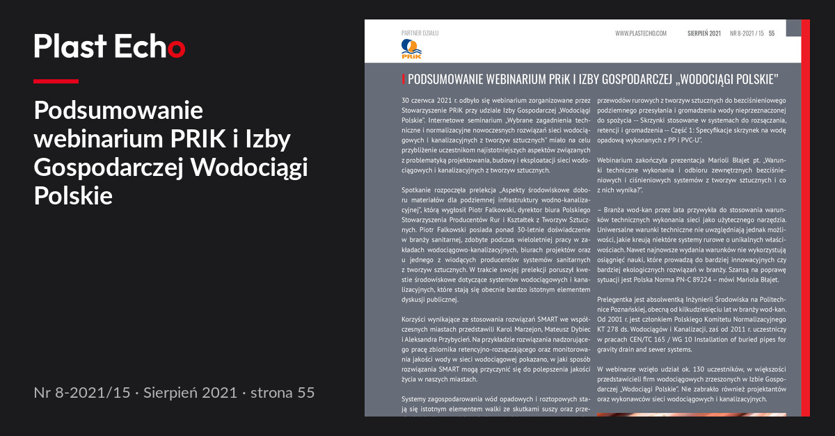Podsumowanie webinarium PRIK i Izby Gospodarczej Wodociągi Polskie | Plast Echo 8-2021/15, Sierpień 2021, s. 55