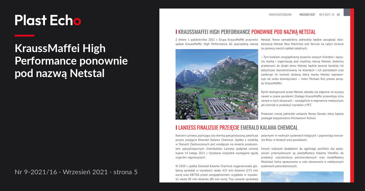 KraussMaffei High Performance ponownie pod nazwą Netstal | Plast Echo 9-2021/16, Wrzesień 2021, s. 5