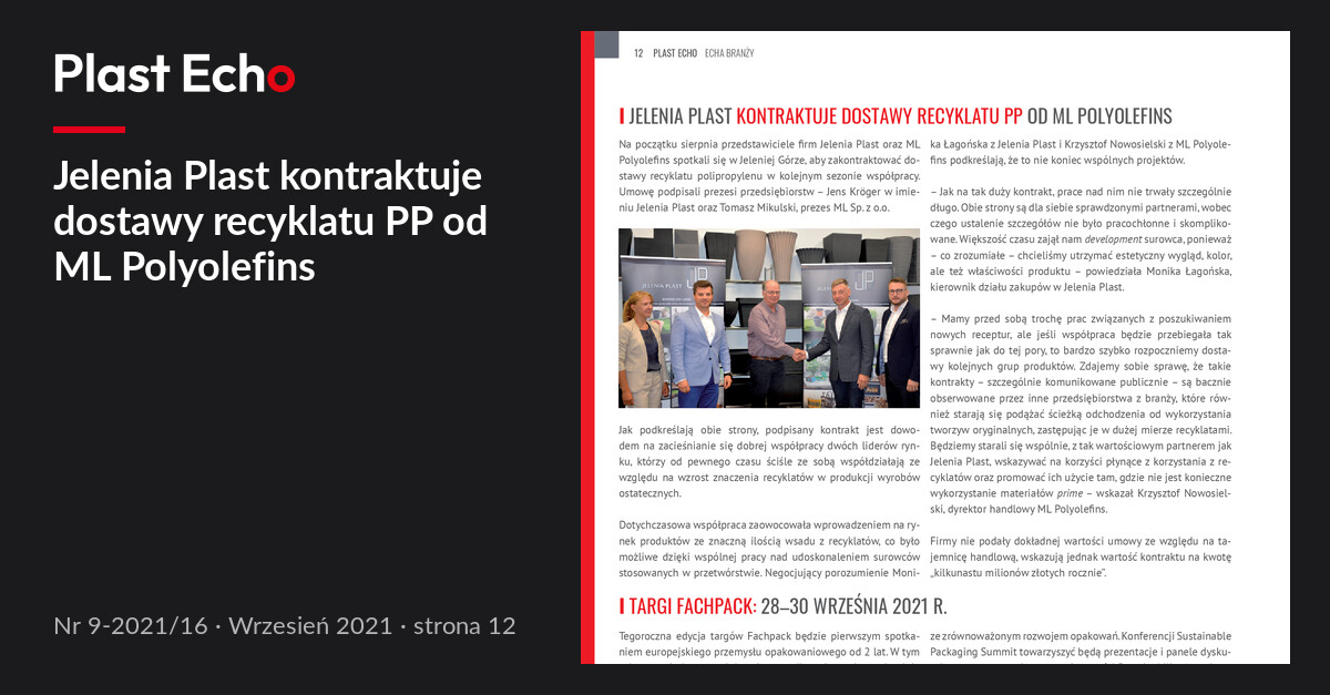 Jelenia Plast kontraktuje dostawy recyklatu PP od ML Polyolefins | Plast Echo 9-2021/16, Wrzesień 2021, s. 12