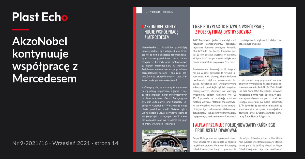 AkzoNobel kontynuuje współpracę z Mercedesem | Plast Echo 9-2021/16, Wrzesień 2021, s. 14