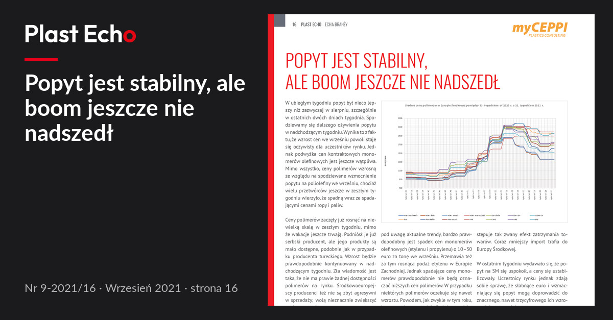 Popyt jest stabilny, ale boom jeszcze nie nadszedł | Plast Echo 9-2021/16, Wrzesień 2021, s. 16