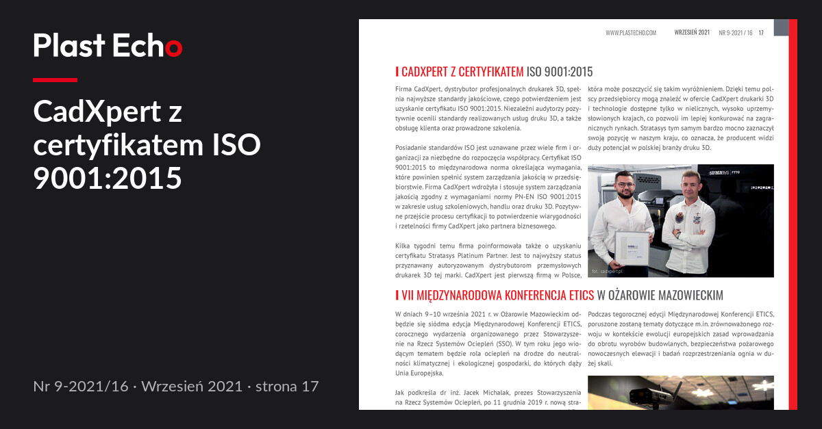 CadXpert z certyfikatem ISO 9001:2015 | Plast Echo 9-2021/16, Wrzesień 2021, s. 17