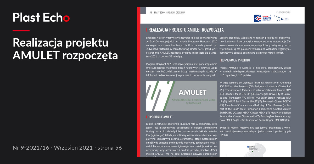 Realizacja projektu AMULET rozpoczęta | Plast Echo 9-2021/16, Wrzesień 2021, s. 56