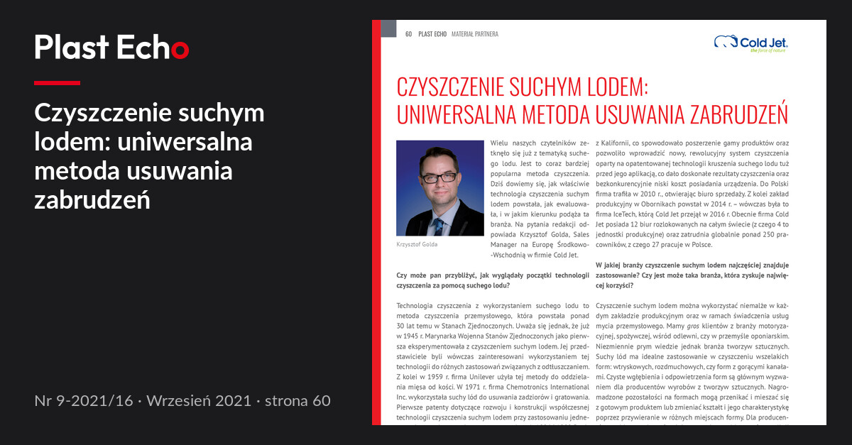 Czyszczenie suchym lodem: uniwersalna metoda usuwania zabrudzeń | Plast Echo 9-2021/16, Wrzesień 2021, s. 60