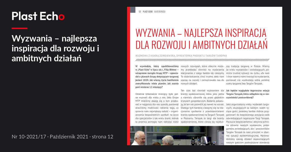 Wyzwania – najlepsza inspiracja dla rozwoju i ambitnych działań | Plast Echo 10-2021/17, Październik 2021, s. 12