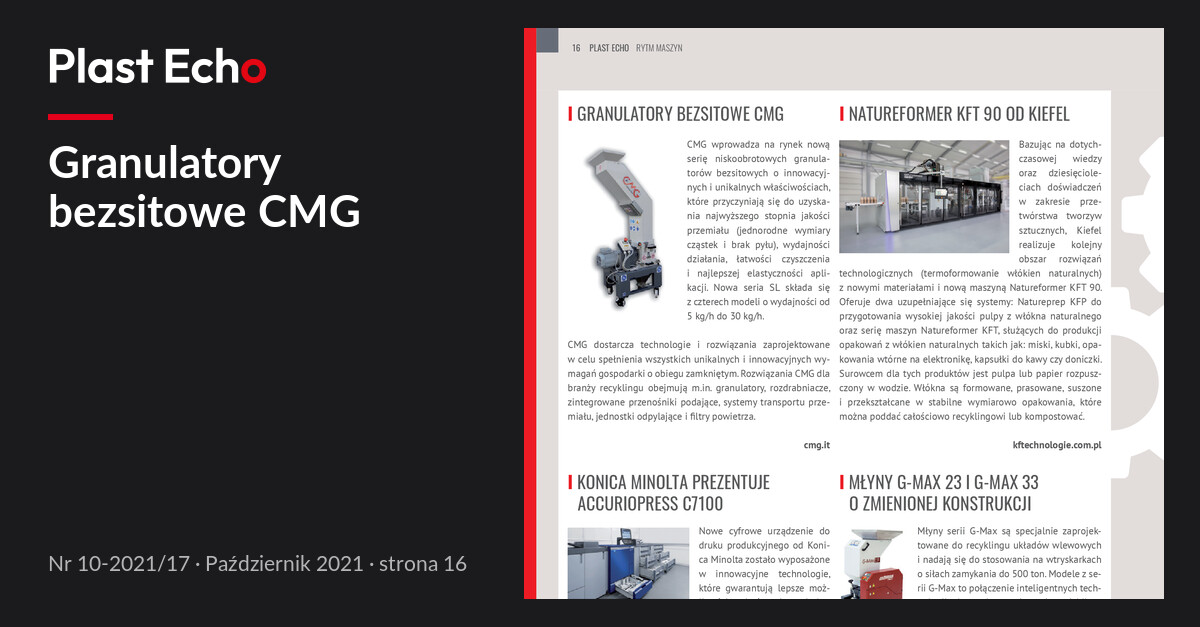 Granulatory bezsitowe CMG | Plast Echo 10-2021/17, Październik 2021, s. 16