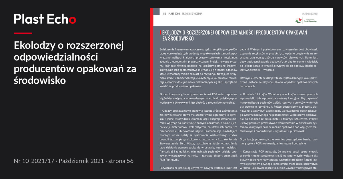 Ekolodzy o rozszerzonej odpowiedzialności producentów opakowań za środowisko | Plast Echo 10-2021/17, Październik 2021, s. 56