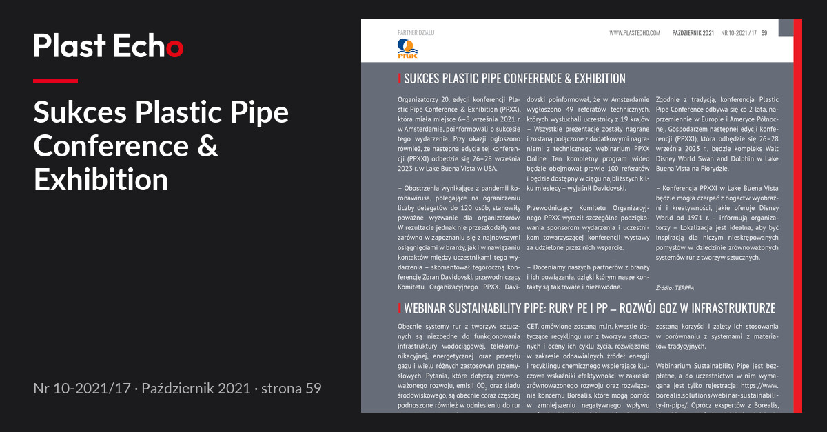 Sukces Plastic Pipe Conference & Exhibition | Plast Echo 10-2021/17, Październik 2021, s. 59