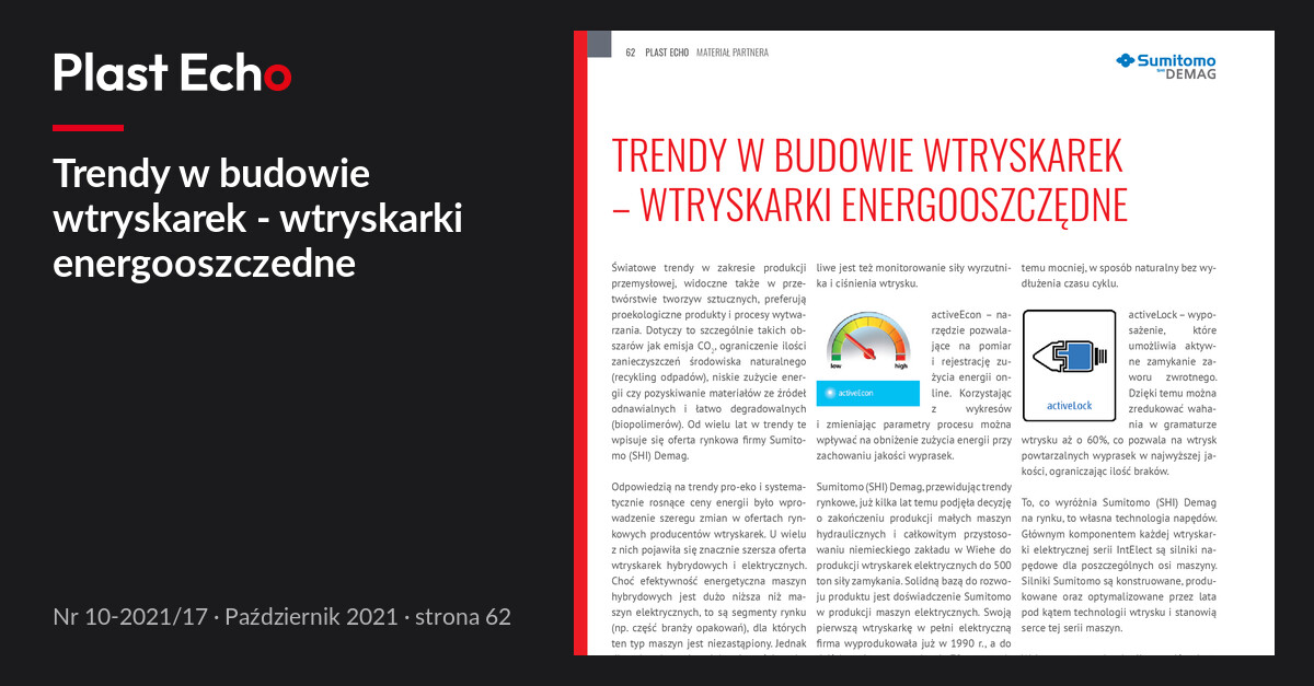 Trendy w budowie wtryskarek - wtryskarki energooszczedne | Plast Echo 10-2021/17, Październik 2021, s. 62